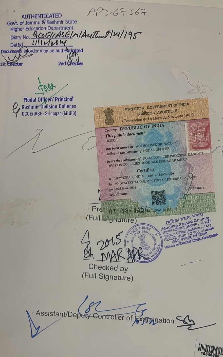 Jammu and Kashmir HRD attestation followed by MEA apostille