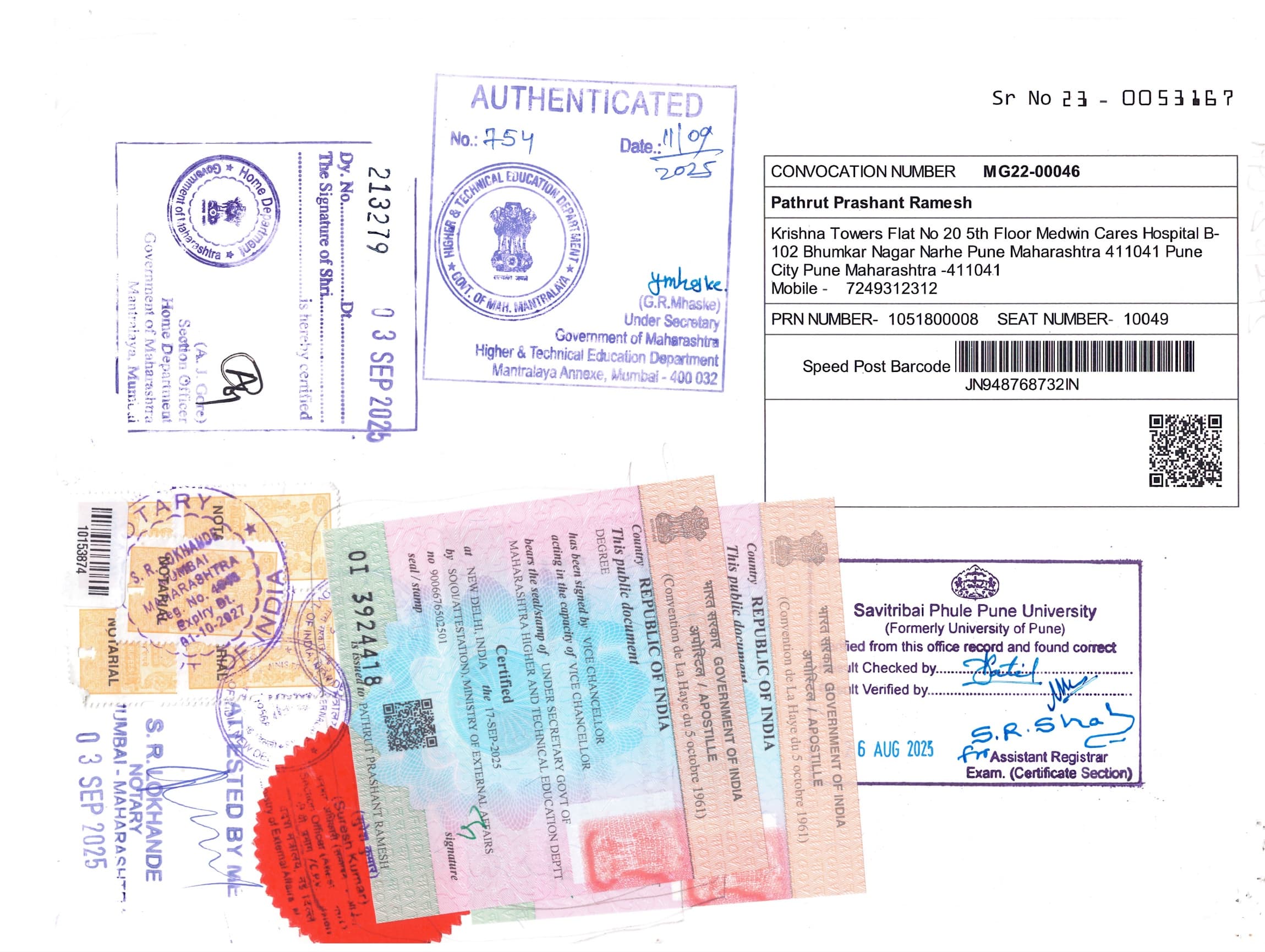 Maharashtra HRD attestation followed by MEA apostille on a Mumbai University degree