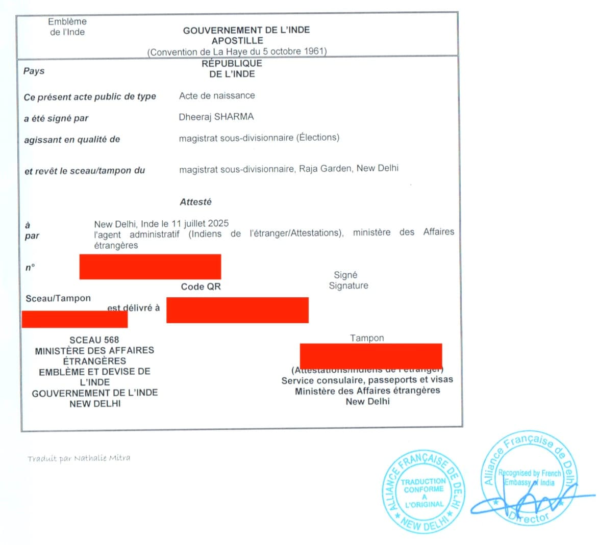 Certified French sworn translation (traducteur assermenté) for SiZA Global client