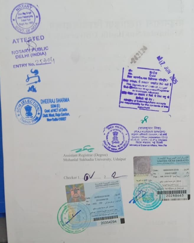 UAE MOFA attestation stamps on multiple Indian documents