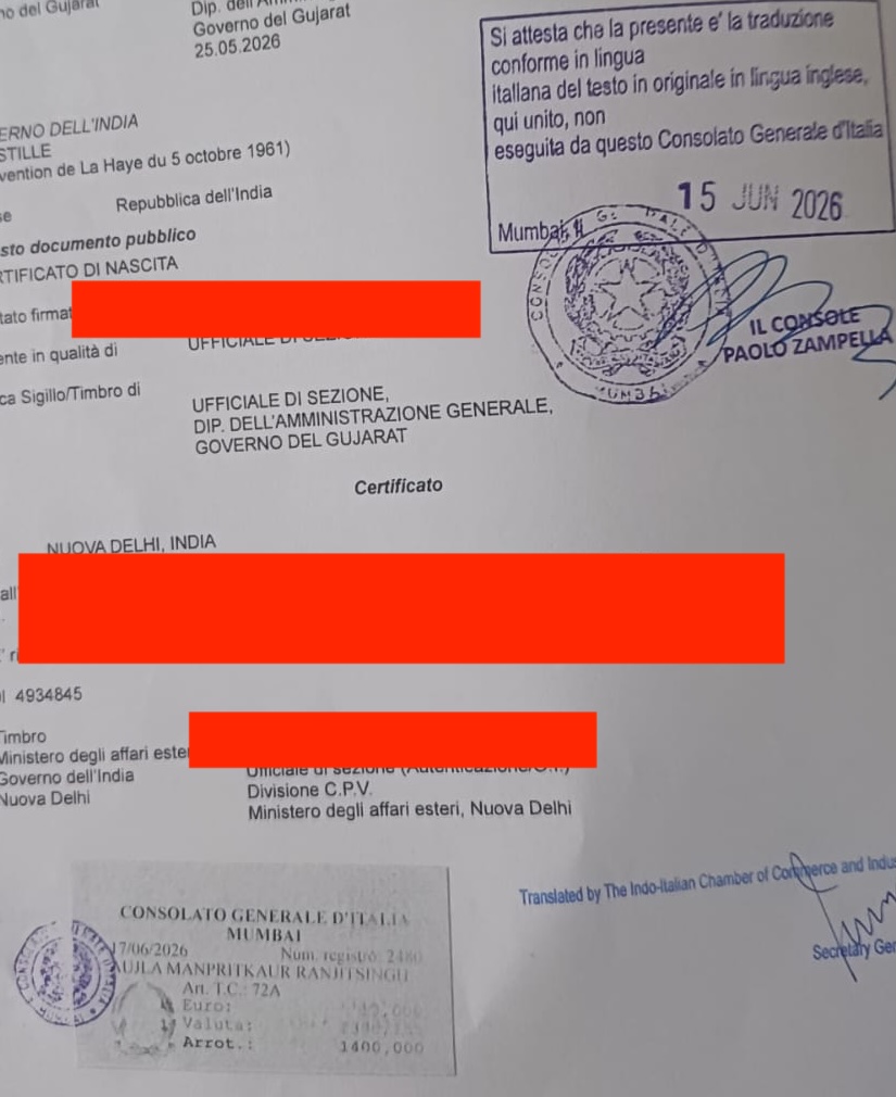 Italian consulate legalisation example handled by SiZA Global