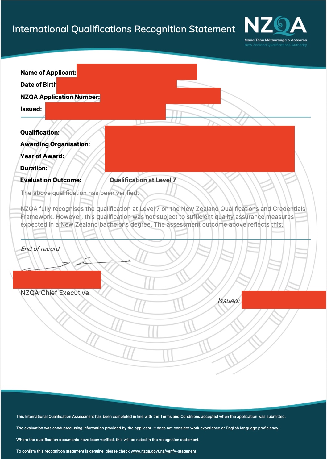 Redacted NZQA recognition statement showing a verified Level 7 qualification outcome
