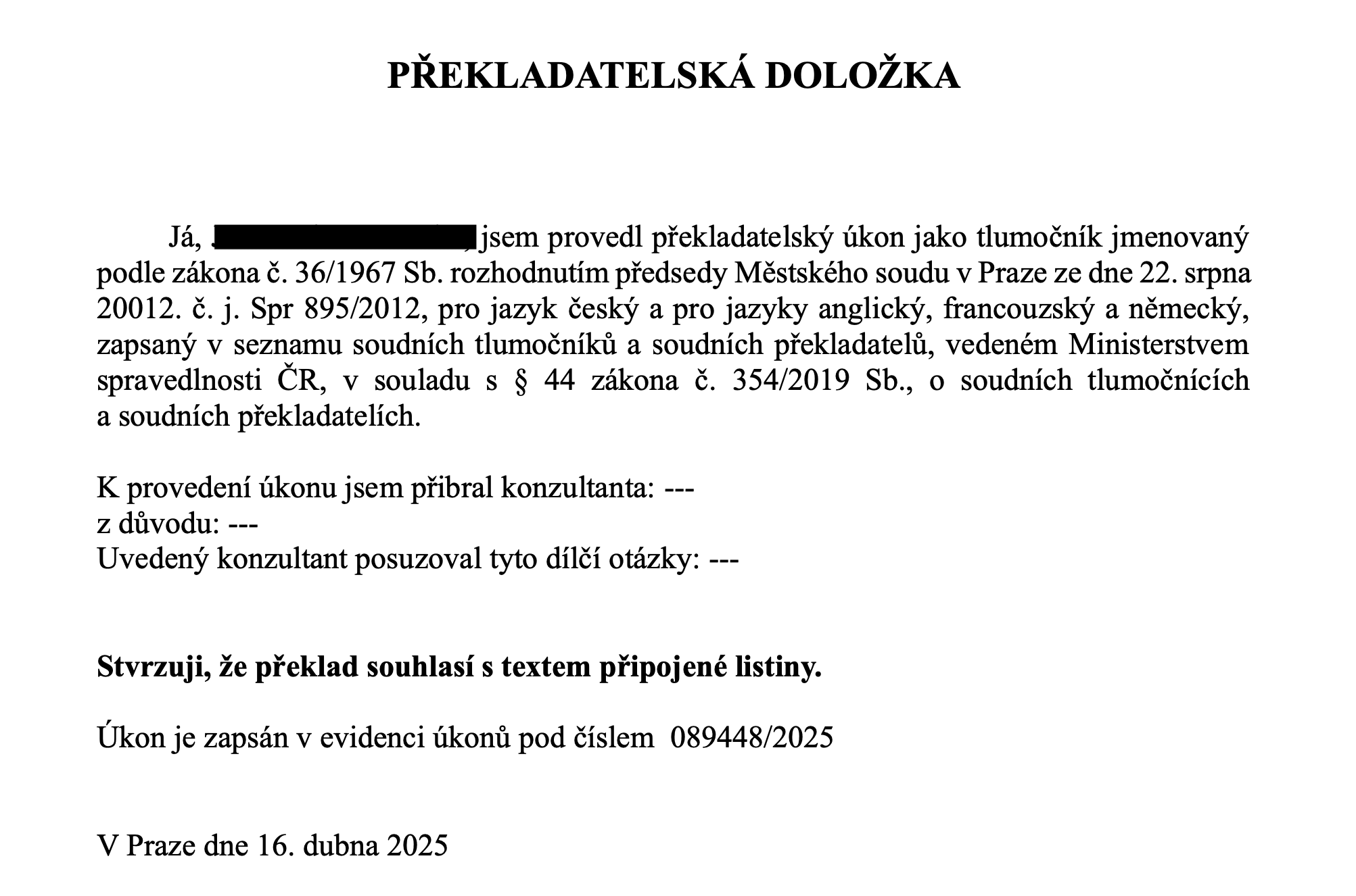 Anonymised completed Czech sworn translation example