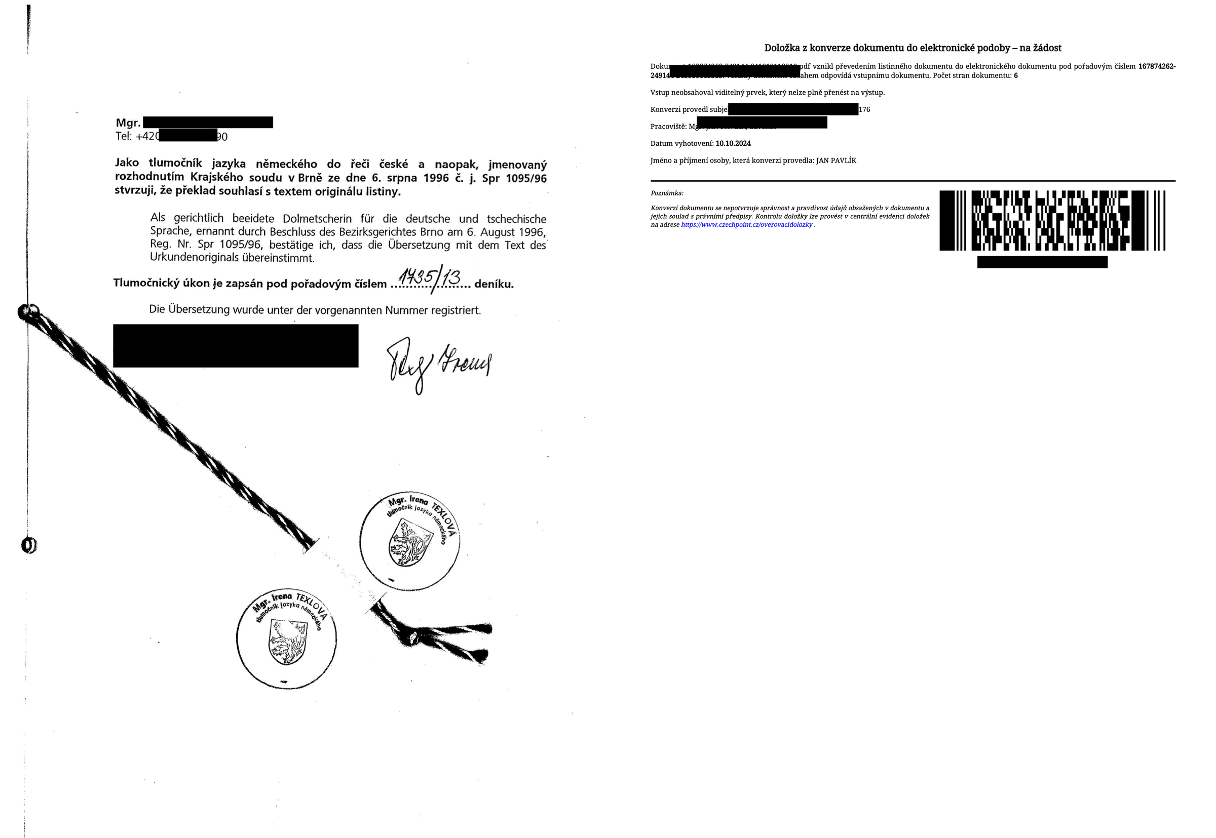 Anonymised German sworn translation completed for a SiZA customer