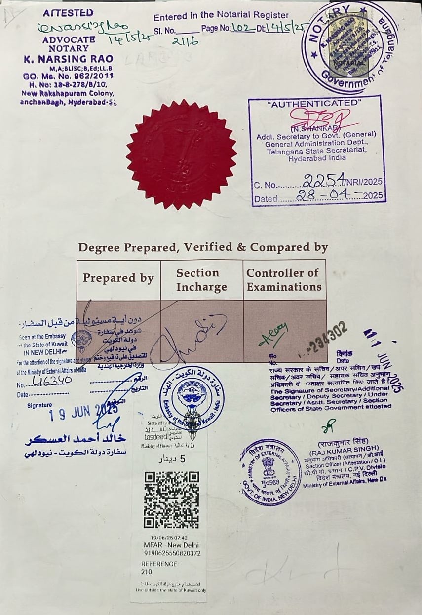 Completed Telangana HRD and Kuwait Embassy attestation document handled by SiZA Global