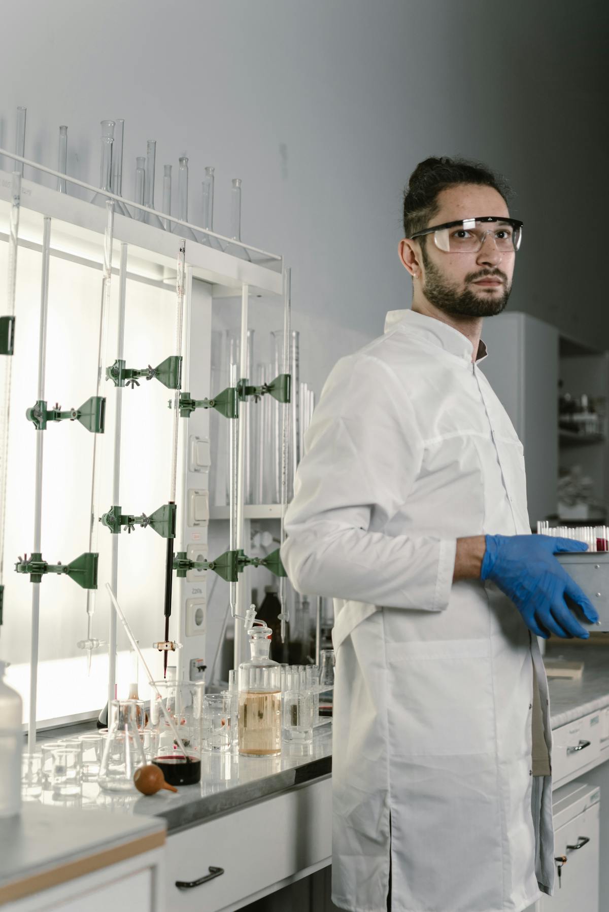 Pharmaceutical glass bottles in a research lab at a Swiss biotech facility