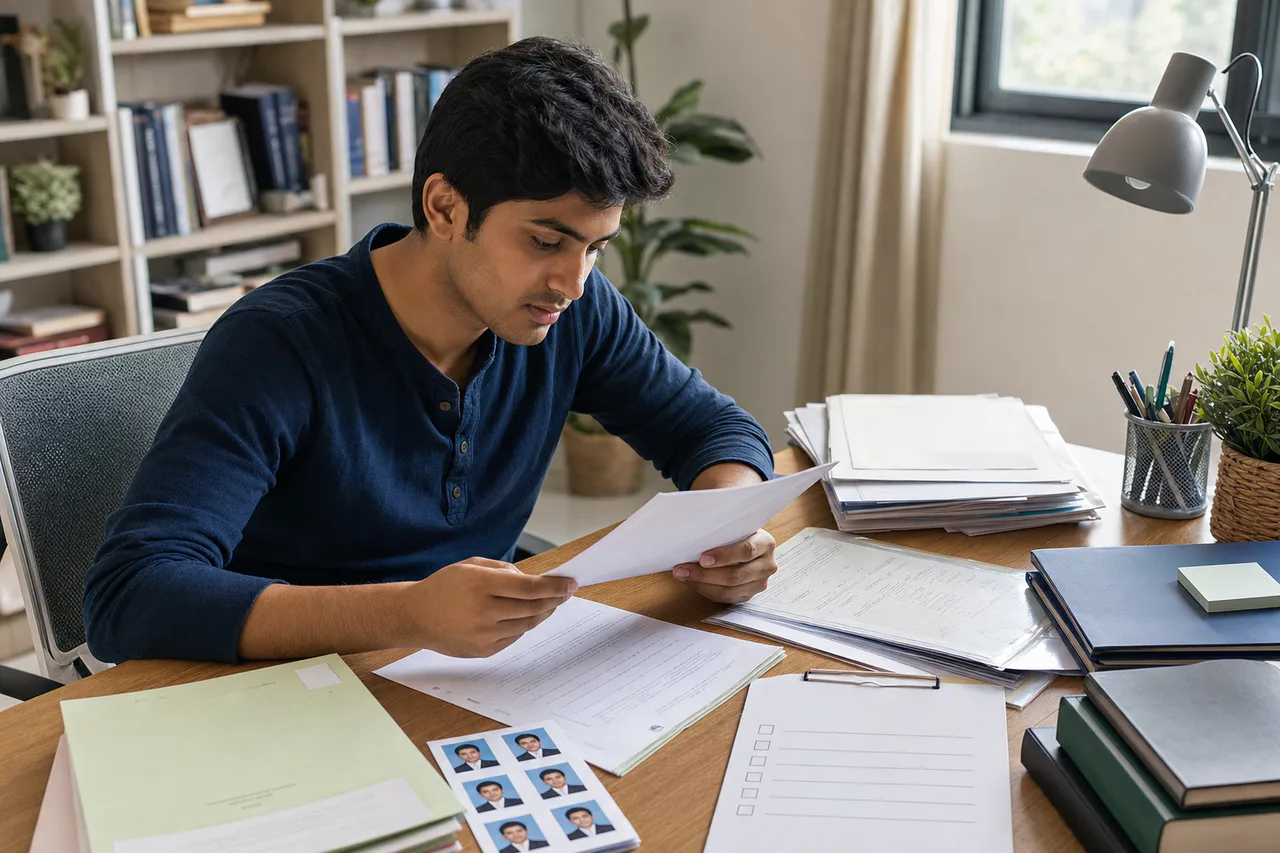 Indian student reviewing academic certificates for a GKS scholarship application