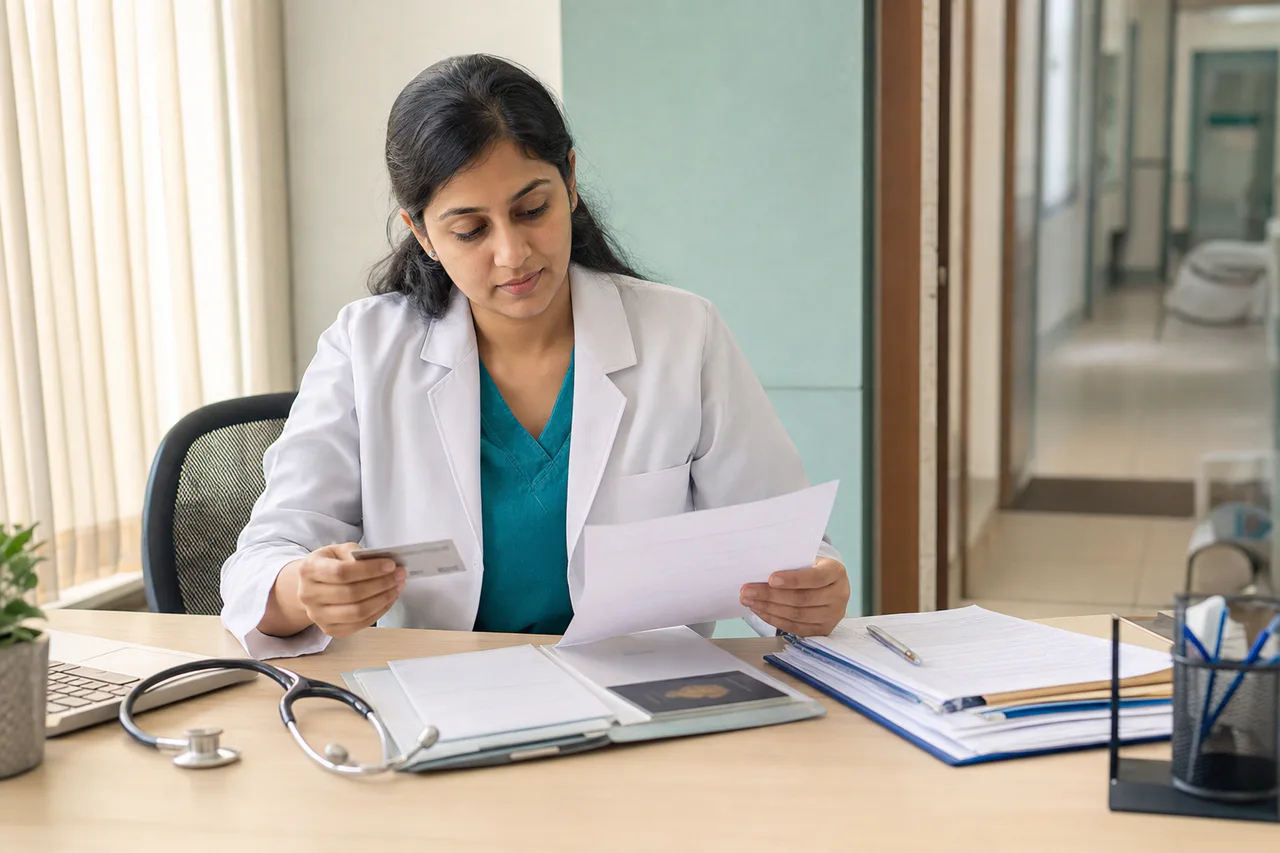 Indian healthcare professional reviewing council and licensing documents for Kuwait