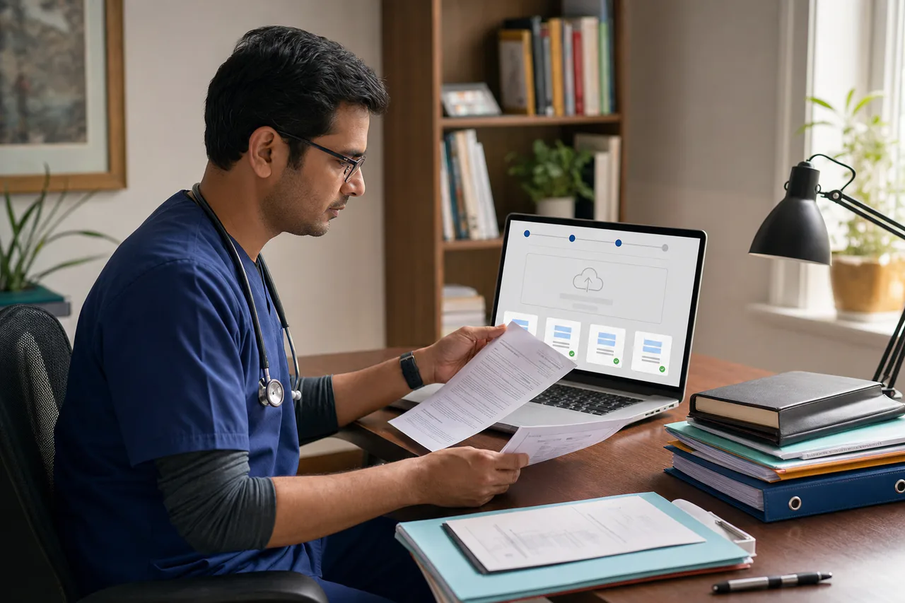 Indian healthcare professional preparing credentials for Oman primary-source verification
